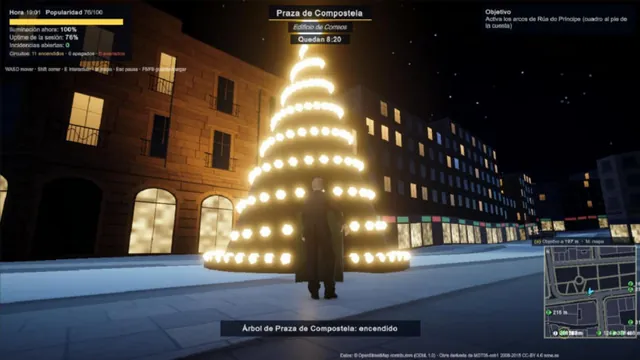 Árbol de Praza de Compostela encendido de noche en el juego