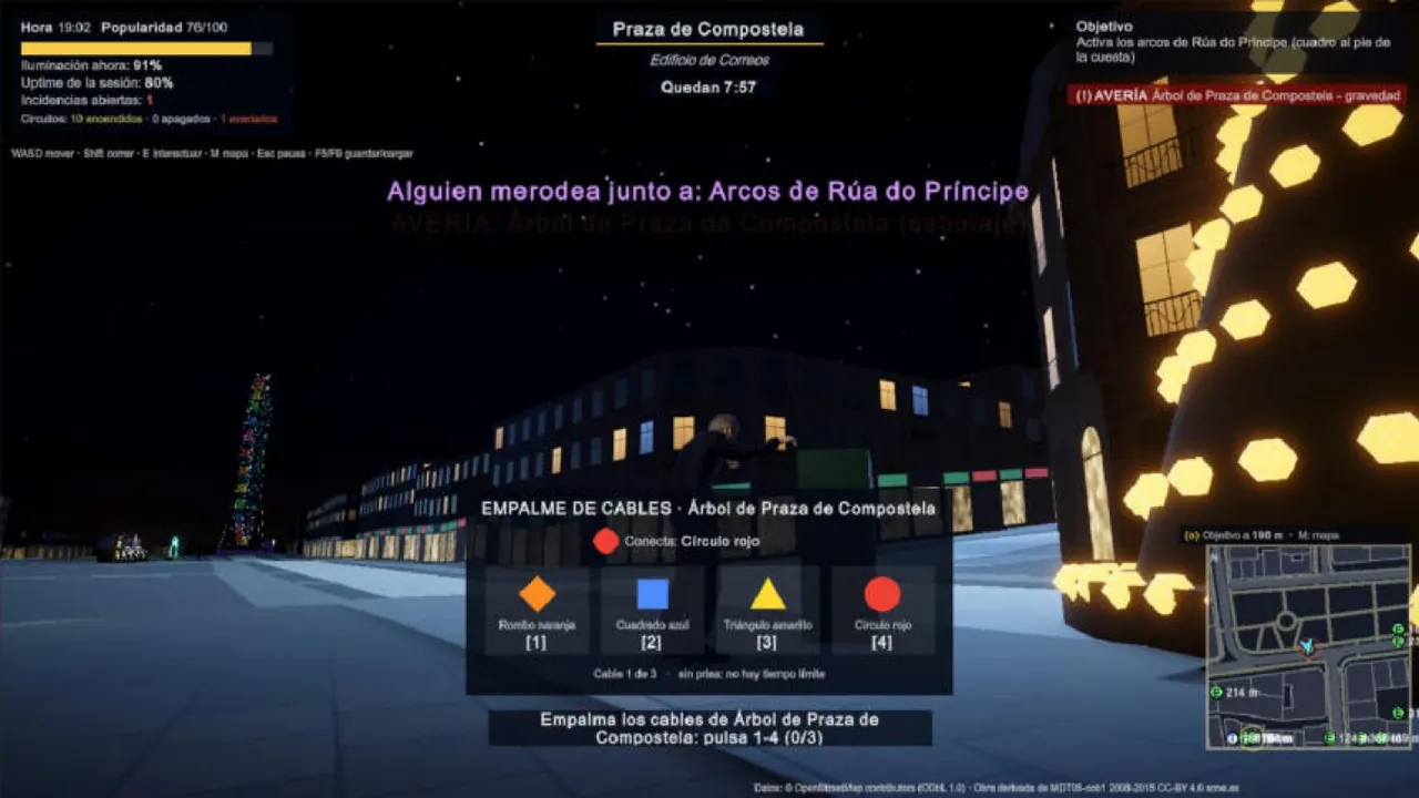 Partida en curso: el minijuego de empalmar cables junto al árbol de Praza de Compostela, con el marcador, el reloj y el minimapa